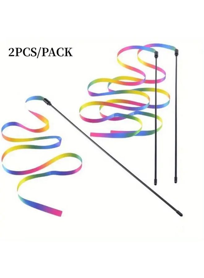 Iridescent Rainbow Ribbon Cat Teaser Wand Toy 2 Pack Interactive Kitten Play Battery Free - Image 5